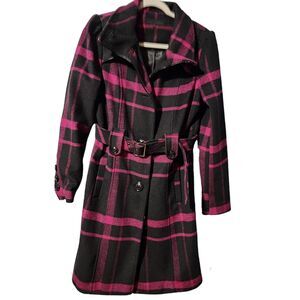 Steve Madden Button w/Belt  Wool Blend Coat Pink Black Plaid large